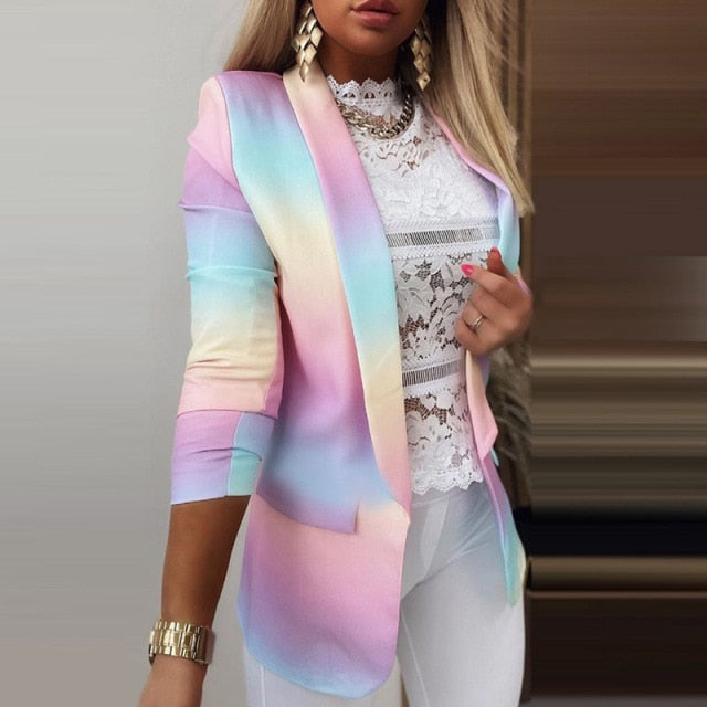 Fashion Slim Suit Blazer Spring Casual Elegant Office Lady Long Sleeve Notched Collar Top Autumn New Women Print Cardigan Jacket
