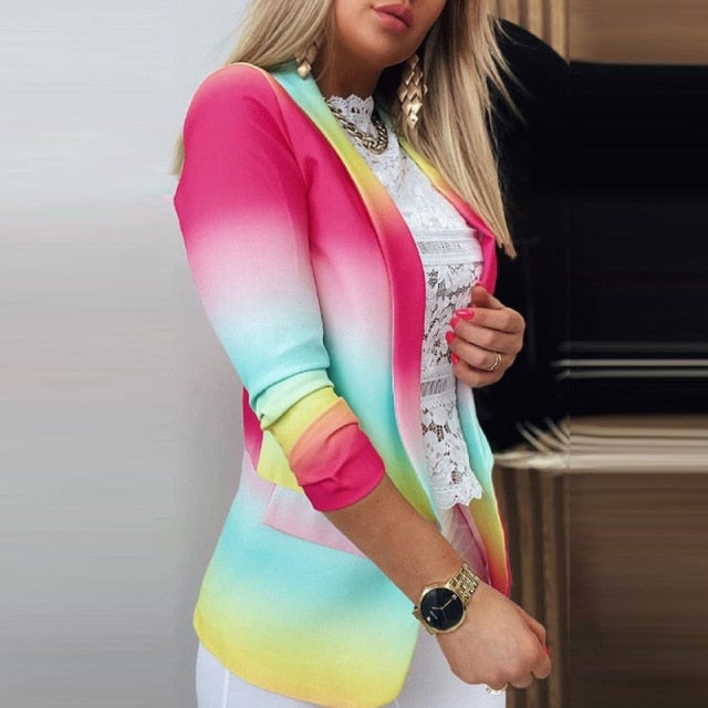 Fashion Slim Suit Blazer Spring Casual Elegant Office Lady Long Sleeve Notched Collar Top Autumn New Women Print Cardigan Jacket
