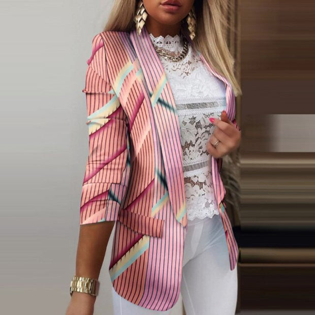 Fashion Slim Suit Blazer Spring Casual Elegant Office Lady Long Sleeve Notched Collar Top Autumn New Women Print Cardigan Jacket