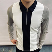 Fashion Patchwork Striped Long Sleeve Tops Male Casual Zip-up Turn-down Collar Polo Shirts Vintage Casual Men's Slim Polo Shirt