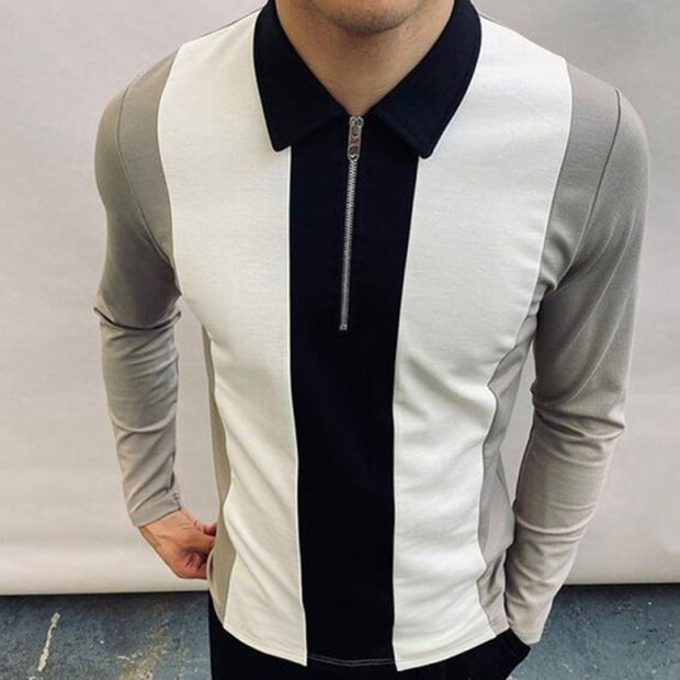 Fashion Patchwork Striped Long Sleeve Tops Male Casual Zip-up Turn-down Collar Polo Shirts Vintage Casual Men's Slim Polo Shirt