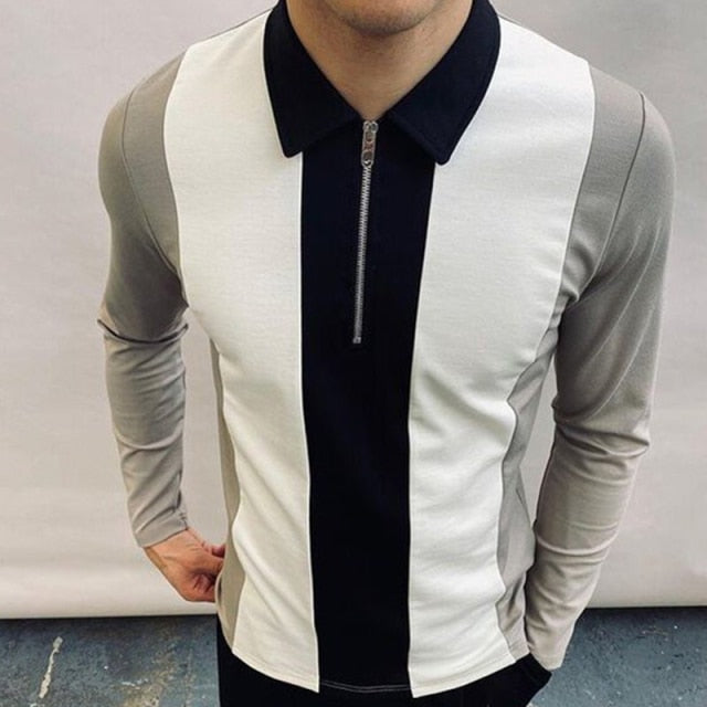 Fashion Patchwork Striped Long Sleeve Tops Male Casual Zip-up Turn-down Collar Polo Shirts Vintage Casual Men's Slim Polo Shirt