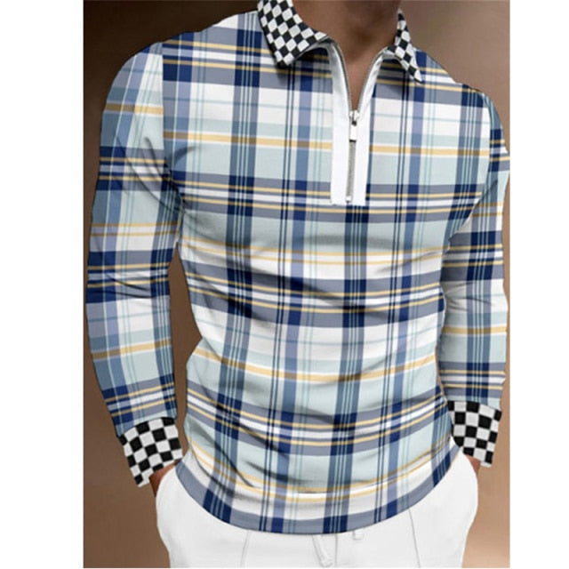 Fashion Patchwork Striped Long Sleeve Tops Male Casual Zip-up Turn-down Collar Polo Shirts Vintage Casual Men's Slim Polo Shirt