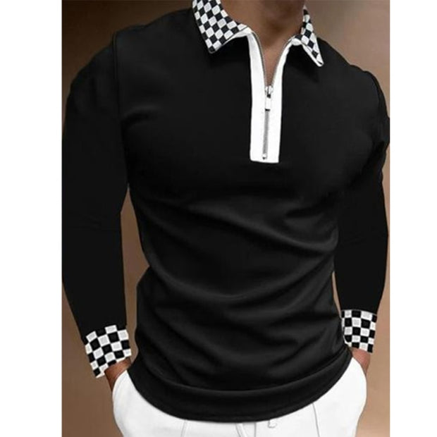 Fashion Patchwork Striped Long Sleeve Tops Male Casual Zip-up Turn-down Collar Polo Shirts Vintage Casual Men's Slim Polo Shirt