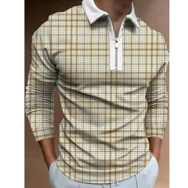 Fashion Patchwork Striped Long Sleeve Tops Male Casual Zip-up Turn-down Collar Polo Shirts Vintage Casual Men's Slim Polo Shirt