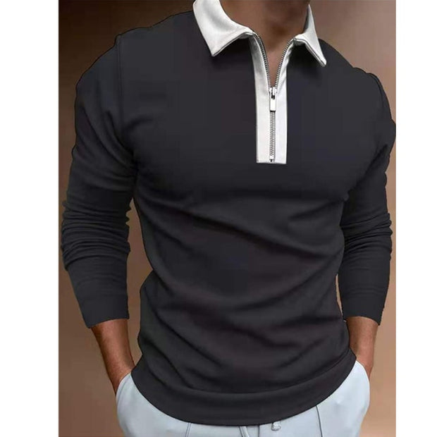 Fashion Patchwork Striped Long Sleeve Tops Male Casual Zip-up Turn-down Collar Polo Shirts Vintage Casual Men's Slim Polo Shirt