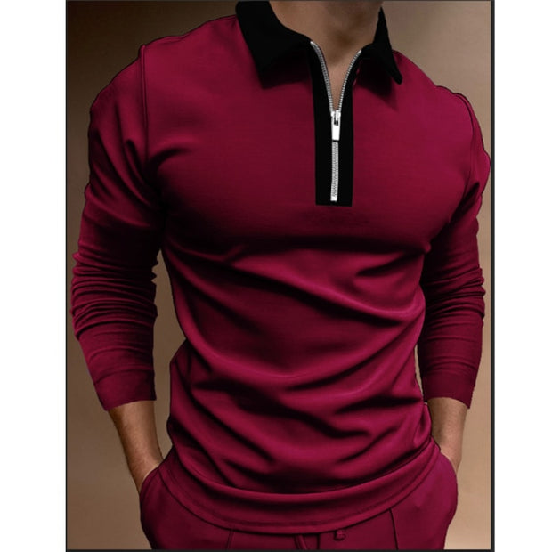 Fashion Patchwork Striped Long Sleeve Tops Male Casual Zip-up Turn-down Collar Polo Shirts Vintage Casual Men's Slim Polo Shirt