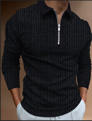 Fashion Patchwork Striped Long Sleeve Tops Male Casual Zip-up Turn-down Collar Polo Shirts Vintage Casual Men's Slim Polo Shirt