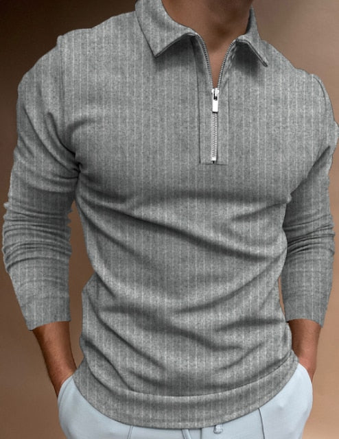 Fashion Patchwork Striped Long Sleeve Tops Male Casual Zip-up Turn-down Collar Polo Shirts Vintage Casual Men's Slim Polo Shirt