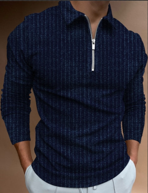 Fashion Patchwork Striped Long Sleeve Tops Male Casual Zip-up Turn-down Collar Polo Shirts Vintage Casual Men's Slim Polo Shirt