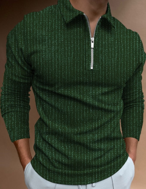Fashion Patchwork Striped Long Sleeve Tops Male Casual Zip-up Turn-down Collar Polo Shirts Vintage Casual Men's Slim Polo Shirt
