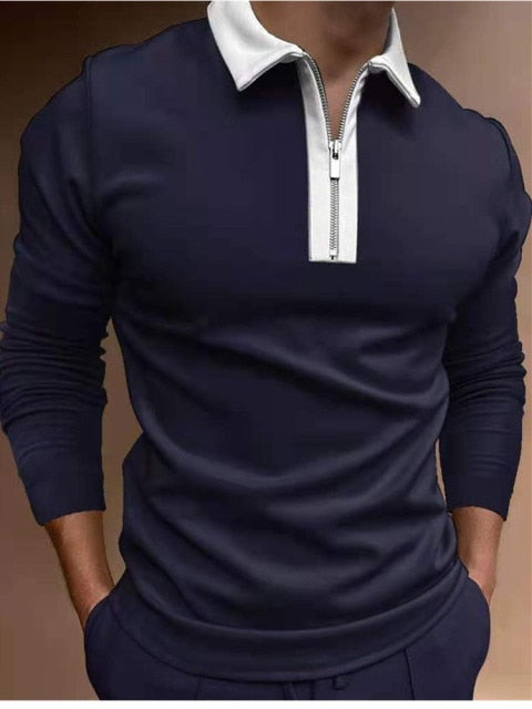 Fashion Patchwork Striped Long Sleeve Tops Male Casual Zip-up Turn-down Collar Polo Shirts Vintage Casual Men's Slim Polo Shirt