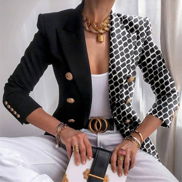 Fashion Plaid Leopard Chain Print Stitched Suit Coat Women Autumn Lapel Double Row Button Decorative Long Sleeve Cardigan Jacket