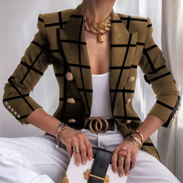 Fashion Plaid Leopard Chain Print Stitched Suit Coat Women Autumn Lapel Double Row Button Decorative Long Sleeve Cardigan Jacket