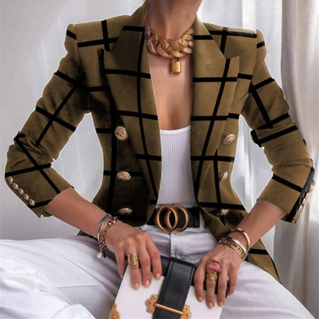 Fashion Plaid Leopard Chain Print Stitched Suit Coat Women Autumn Lapel Double Row Button Decorative Long Sleeve Cardigan Jacket