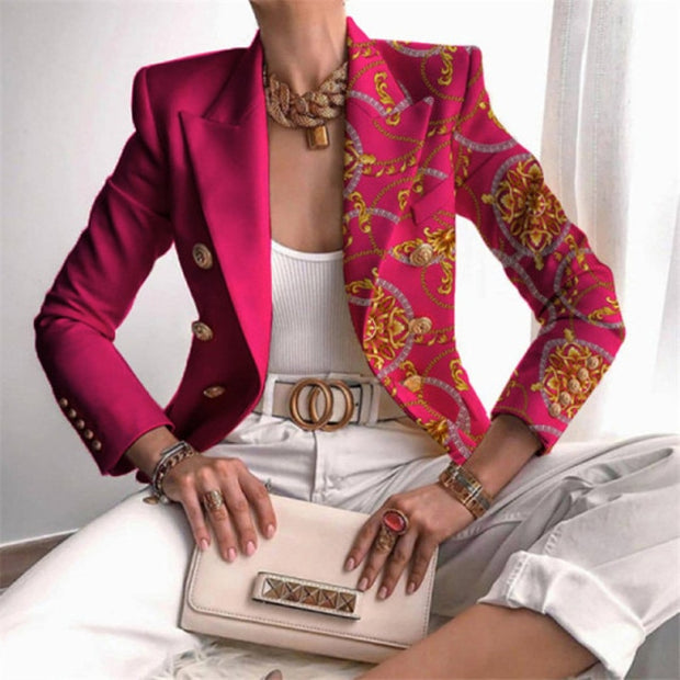 Fashion Plaid Leopard Chain Print Stitched Suit Coat Women Autumn Lapel Double Row Button Decorative Long Sleeve Cardigan Jacket