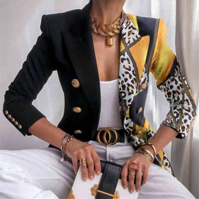 Fashion Plaid Leopard Chain Print Stitched Suit Coat Women Autumn Lapel Double Row Button Decorative Long Sleeve Cardigan Jacket