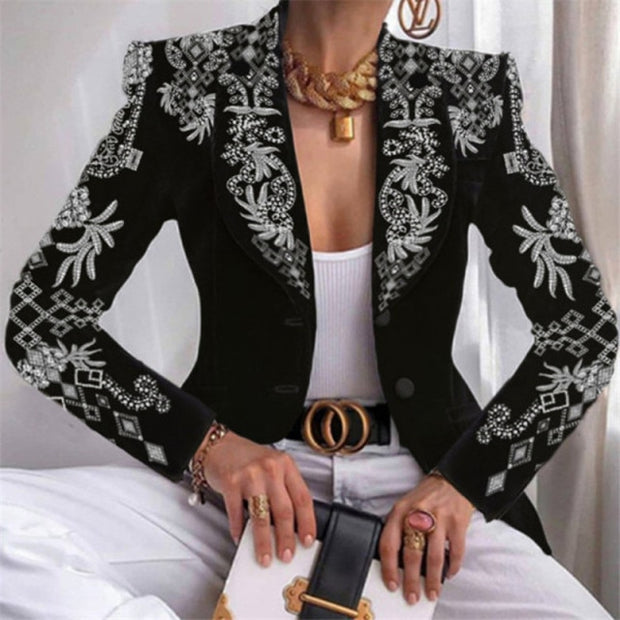 Fashion Plaid Leopard Chain Print Stitched Suit Coat Women Autumn Lapel Double Row Button Decorative Long Sleeve Cardigan Jacket
