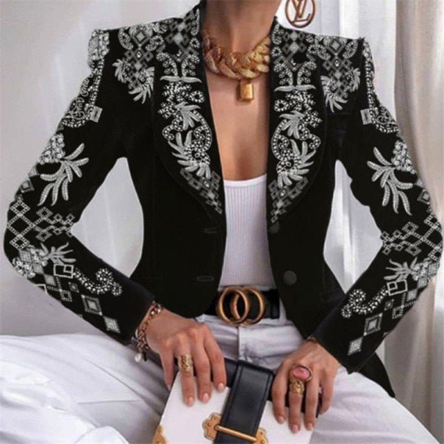 Fashion Plaid Leopard Chain Print Stitched Suit Coat Women Autumn Lapel Double Row Button Decorative Long Sleeve Cardigan Jacket
