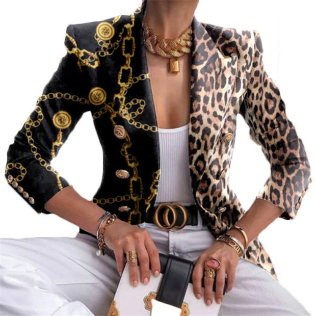 Fashion Plaid Leopard Chain Print Stitched Suit Coat Women Autumn Lapel Double Row Button Decorative Long Sleeve Cardigan Jacket