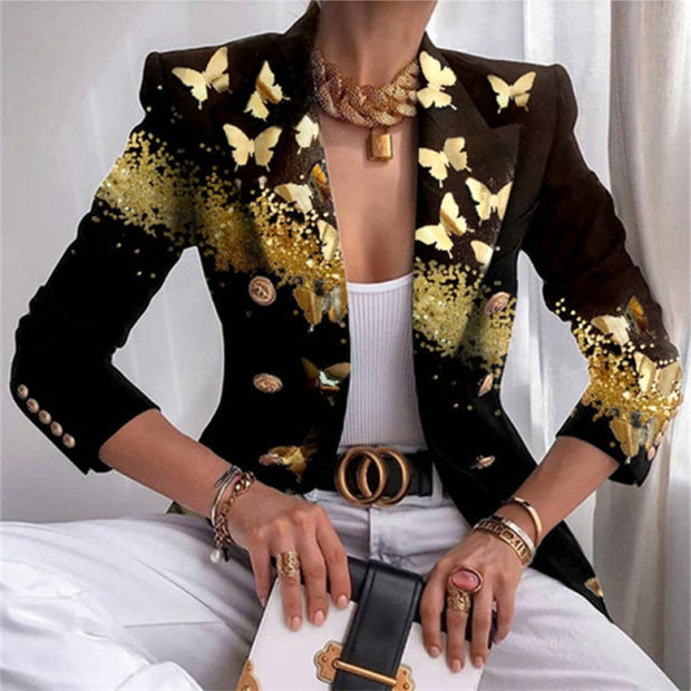 Fashion Plaid Leopard Chain Print Stitched Suit Coat Women Autumn Lapel Double Row Button Decorative Long Sleeve Cardigan Jacket