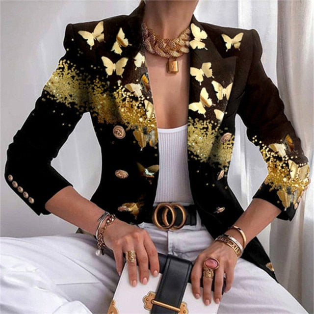 Fashion Plaid Leopard Chain Print Stitched Suit Coat Women Autumn Lapel Double Row Button Decorative Long Sleeve Cardigan Jacket