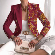 Fashion Plaid Leopard Chain Print Stitched Suit Coat Women Autumn Lapel Double Row Button Decorative Long Sleeve Cardigan Jacket