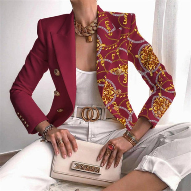 Fashion Plaid Leopard Chain Print Stitched Suit Coat Women Autumn Lapel Double Row Button Decorative Long Sleeve Cardigan Jacket