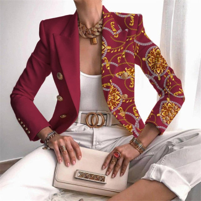 Fashion Plaid Leopard Chain Print Stitched Suit Coat Women Autumn Lapel Double Row Button Decorative Long Sleeve Cardigan Jacket