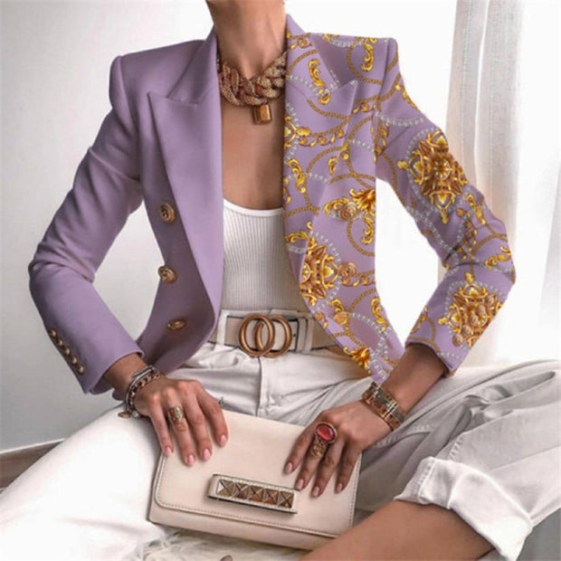 Fashion Plaid Leopard Chain Print Stitched Suit Coat Women Autumn Lapel Double Row Button Decorative Long Sleeve Cardigan Jacket