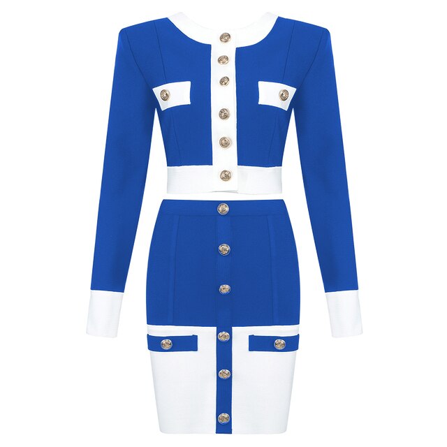 2021 New High Street Summer Patchwork 2 Two-Piece Set O-Neck Long Sleeve Pocket Button Mini Bandage Dress Female Short Set