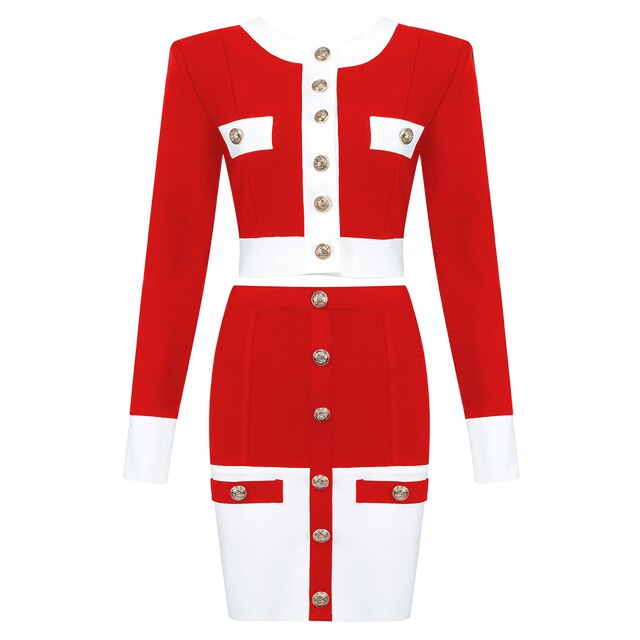 2021 New High Street Summer Patchwork 2 Two-Piece Set O-Neck Long Sleeve Pocket Button Mini Bandage Dress Female Short Set