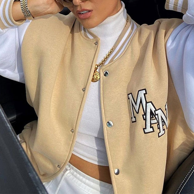 2021 Oversized Varsity Jacket Baseball Women Patchwork Autumn Winter Letter Print Long Sleeve Khaki Fashion Loose Y2k Coat