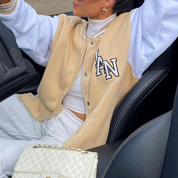 2021 Oversized Varsity Jacket Baseball Women Patchwork Autumn Winter Letter Print Long Sleeve Khaki Fashion Loose Y2k Coat
