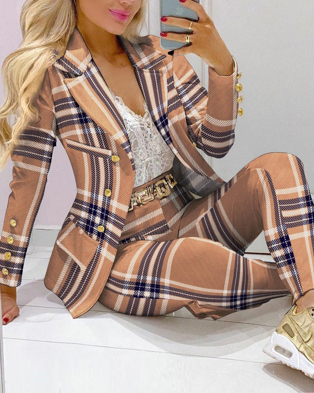 2021 Femme Formal Jacket & Trousers Office Lady Outfits Autumn Women two Pieces set Chain Print Blazer Coat & Pants Suit Sets