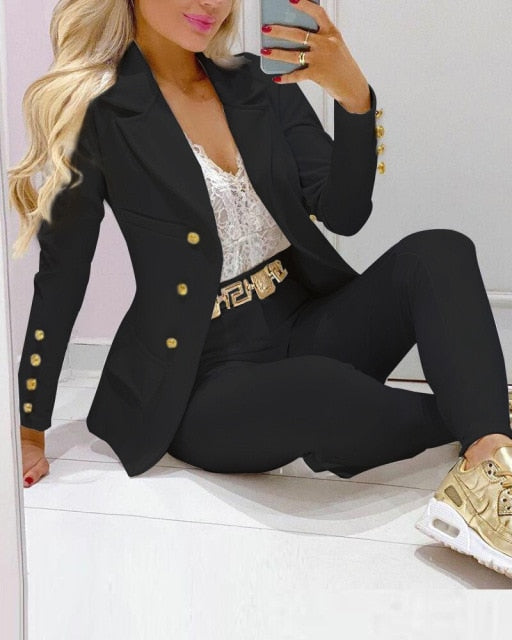 2021 Femme Formal Jacket & Trousers Office Lady Outfits Autumn Women two Pieces set Chain Print Blazer Coat & Pants Suit Sets