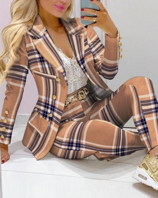 2021 Femme Formal Jacket & Trousers Office Lady Outfits Autumn Women two Pieces set Chain Print Blazer Coat & Pants Suit Sets
