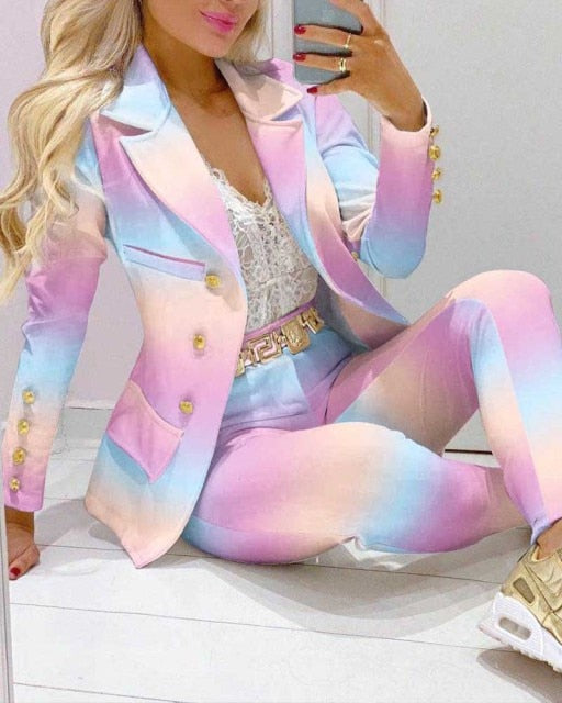 2021 Femme Formal Jacket & Trousers Office Lady Outfits Autumn Women two Pieces set Chain Print Blazer Coat & Pants Suit Sets
