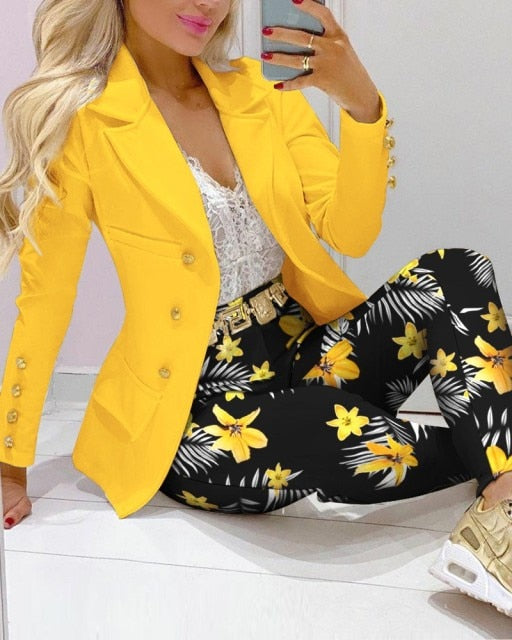 2021 Femme Formal Jacket & Trousers Office Lady Outfits Autumn Women two Pieces set Chain Print Blazer Coat & Pants Suit Sets