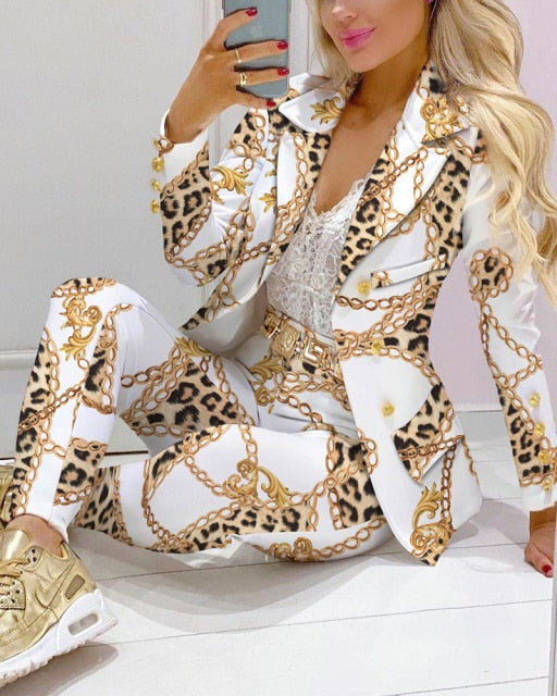 2021 Femme Formal Jacket & Trousers Office Lady Outfits Autumn Women two Pieces set Chain Print Blazer Coat & Pants Suit Sets