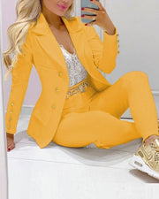 2021 Femme Formal Jacket & Trousers Office Lady Outfits Autumn Women two Pieces set Chain Print Blazer Coat & Pants Suit Sets