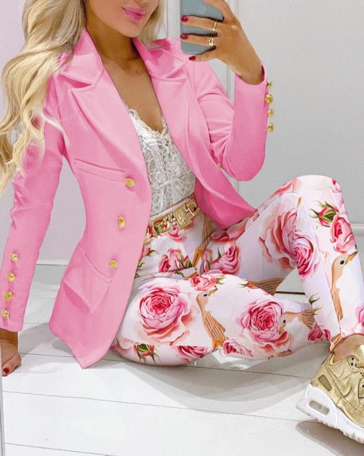 2021 Femme Formal Jacket & Trousers Office Lady Outfits Autumn Women two Pieces set Chain Print Blazer Coat & Pants Suit Sets