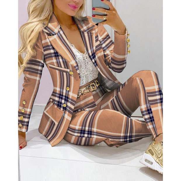 2021 Women New Autumn Lapel Collar Double Breasted Blazer & Tailored Pants Set Long Leggings Suit Elegant 2 Piece Outfits