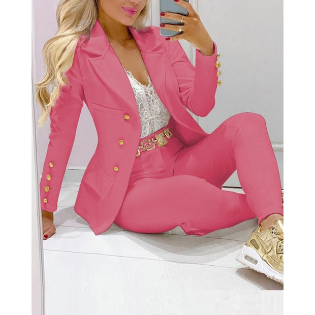 2021 Women New Autumn Lapel Collar Double Breasted Blazer & Tailored Pants Set Long Leggings Suit Elegant 2 Piece Outfits