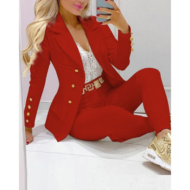2021 Women New Autumn Lapel Collar Double Breasted Blazer & Tailored Pants Set Long Leggings Suit Elegant 2 Piece Outfits