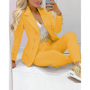 2021 Women New Autumn Lapel Collar Double Breasted Blazer & Tailored Pants Set Long Leggings Suit Elegant 2 Piece Outfits