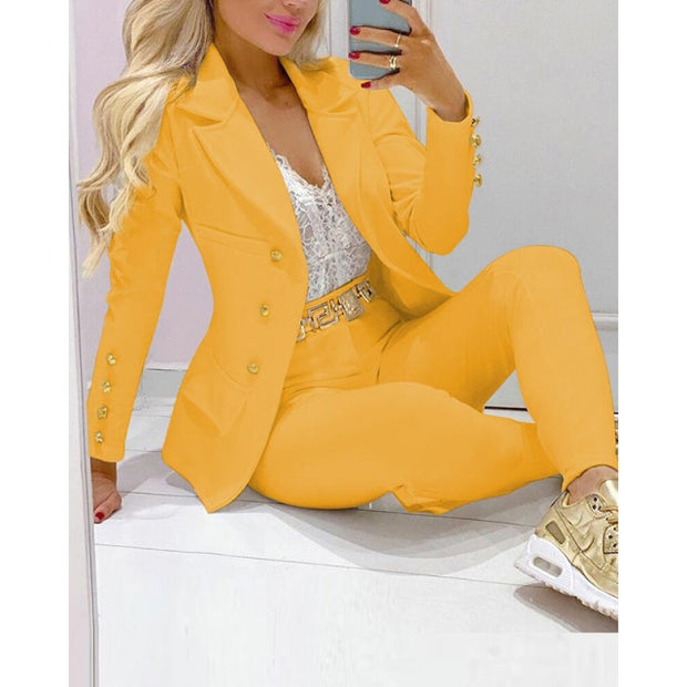2021 Women New Autumn Lapel Collar Double Breasted Blazer & Tailored Pants Set Long Leggings Suit Elegant 2 Piece Outfits