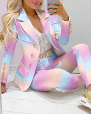2021 Women New Autumn Lapel Collar Double Breasted Blazer & Tailored Pants Set Long Leggings Suit Elegant 2 Piece Outfits
