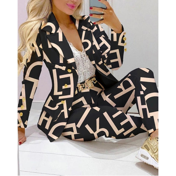 2021 Women New Autumn Lapel Collar Double Breasted Blazer & Tailored Pants Set Long Leggings Suit Elegant 2 Piece Outfits