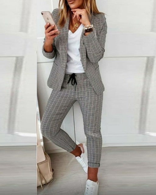 2021 Women New Autumn Lapel Collar Double Breasted Blazer & Tailored Pants Set Long Leggings Suit Elegant 2 Piece Outfits